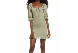 Row A Square Neck Mini Dress Size Medium Sage Green NEW Smocked Ruffled Sheath